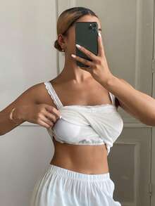 DAZY Sweet Lace Patchwork Pleated Bust Design Wide Strap Self-Padded Women Camisole - White - View 7