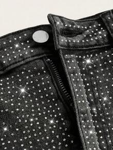 SHEIN MOD 女士休闲牛仔黑色蕾丝拼接网纱迷你裙牛仔迷你裙夏季度假牛仔裙低腰裙黑色牛仔裙 - 黑色 - 查看 2