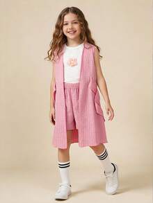 SHEIN Elladie kids 女童夏季三件套：无袖露脐上衣、直筒短裤和带腰带装饰的薄针织外套，休闲舒适 - 粉色 - 查看 9