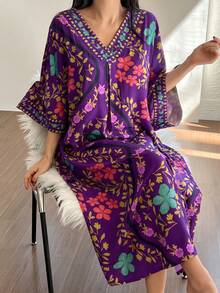 Floral Print V-Neck Loose Women Nightgown, Winter, Moo Moo Night Dress - Purple - View 4