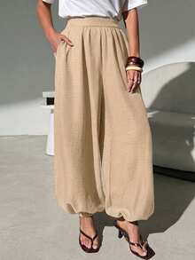Lavishia Women's Casual Balloon Pants, Comfortable & Versatile Coffee Color Long Pants, Spring/Summer - Khaki - View 3