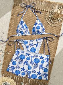 Swim Mod Bộ bikini 3 món dành cho nữ mùa hè, in hình sinh vật biển, có đệm mút rời, kiểu dây buộc cổ, quần short buộc dây bên hông và quần lót. - Xanh và trắng - Xem 5
