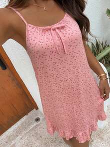 DAZY Floral Minimalist Daily Wear Sleeveless Ruffle Hem Women's Nightgown Pajama - Pink - View 4
