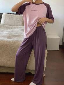 DAZY 2pcs Letter Print Raglan Sleeve Loose Short Sleeve Women Pajama Set - Purple - View 3
