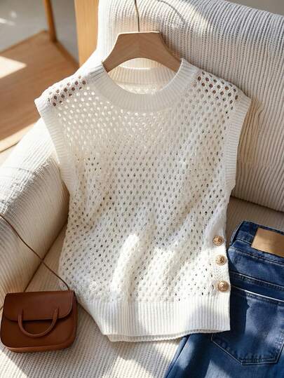 GlowEve 女士纯色极简无袖镂空针织上衣，休闲日常穿着