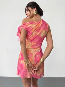 Firerie Women's Pink Floral Summmer 70s Party Mesh Mini Dress, Asymmetric Neck One Shoulder Bodycon Dress,Elegant Vacation Beach Hawaii Graduation Prom - Coral Pink - View 2