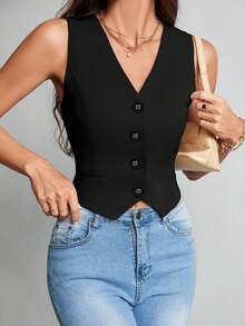 SHEIN Tall Áo vest không cổ, cổ chữ V, cài cúc phía trước, màu kaki trơn, trang phục công sở, thường ngày dành cho nữ, phù hợp mùa thu/đông. - màu đen - Xem 3