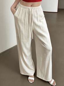 Livesso Women's Casual Solid Color Drawstring Waist Long Pants Summer - White - View 2
