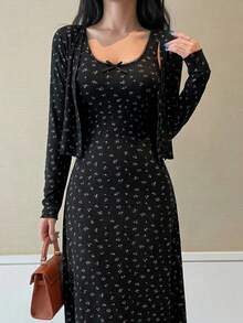 DAZY Ditsy Floral Sleep Dress & Button Placket Top Sleepwear Pajama Set For Women, Fall Winter Clothes - Black - View 1