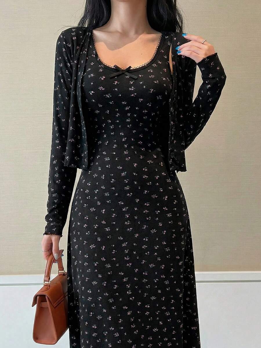 DAZY Ditsy Floral Sleep Dress & Button Placket Top Sleepwear Pajama Set For Women, Fall Winter Clothes - Black - View 1