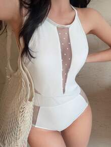 DAZY Women's Sleeveless One-Piece Polka Dot Mesh Patchwork Sexy Casual Solid Color Swimsuit Beach Golf Outfit Summer White - White - View 1