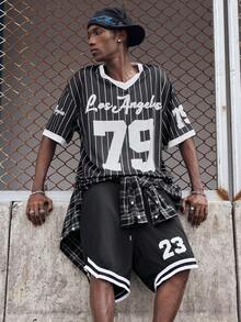 EVRINFINITE 男士数字印花抽绳腰部宽松休闲篮球短裤 - 黑色 - 查看 8