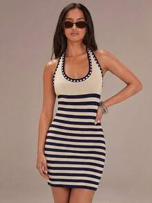 Athîral 女士U领露背吊带无袖条纹针织毛衣连衣裙 - 粉色 - 查看 6