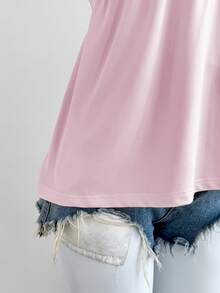 Elamini 女士杏色V领蕾丝边修身舒适百搭T恤，春夏女式上衣，夏季女式短袖上衣，女士休闲上衣 - 粉色 - 查看 5