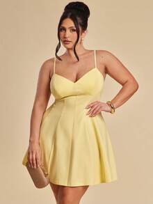 SHEIN BAE 大码女式纯色休闲时尚吊带连衣裙 - 黃色 - 查看 5