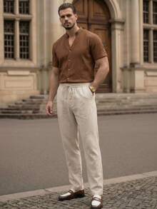 Manfinity VCAY 男士休闲提花波浪纹V领亚麻短袖衬衫套装（2件套） - 彩色 - 查看 1