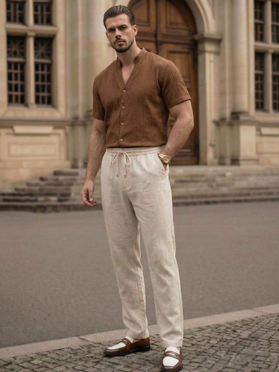 Manfinity VCAY 男士休闲提花波浪纹V领亚麻短袖衬衫套装（2件套） - 彩色 - 查看 1