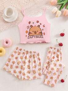 SHEIN 3件套少女休闲针织睡衣套装，可爱卡通印花荷叶边吊带背心，长裤和短裤 - 藍白色 - 查看 2