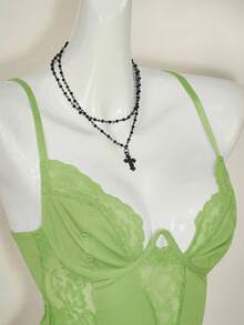 SHEIN ICON Y2K Spring Lace Patchwork Bodycon Camisole Crop Top High Waist Backless Bodysuit For Women - Green - View 9