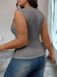 Easura Plus Size Solid Color Slimming Square Neck Knit Camisole, Summer Stylish Waist Cinching Sleeveless Cropped Tank Top - Grey - View 2