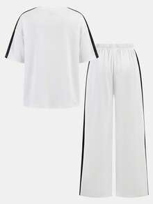 SHEIN 少女宽松休闲舒适拼接撞色圆领T恤和裤子套装 - 黑與白 - 查看 2