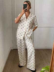 DAZY Bộ đồ ngủ nữ dáng rộng in hình trái tim, thích hợp cho mùa hè. - Màu be - Xem 6