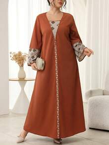 Al Najma Plus Size Women's Geometric Print Patchwork Arabic Style Modest Dress Ninang Wedding Black Summer - Orange - View 2
