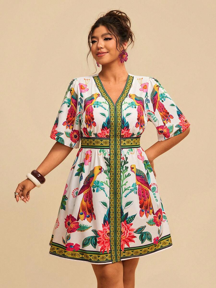 Travachic 大码女式热带植物印花系带短款休闲连衣裙 - 彩色 - 查看 1