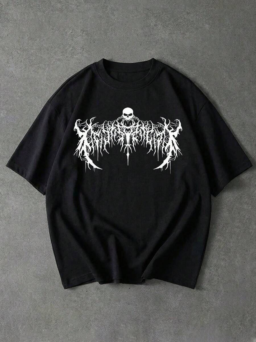 Sport MetroGents 男士骷髅印花宽松短袖运动T恤 - 黑色 - 查看 1