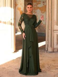 Aureia 优雅、迷人、奢华的刺绣蕾丝贴花薄纱袖长裙礼服，适合婚礼、单身派对、节日舞会、庆典、新娘、婆婆晚礼服等场合。 - 軍綠色 - 查看 6