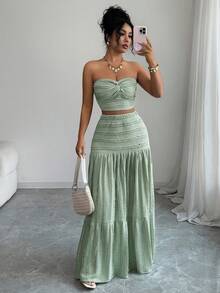 Elenzga petite Bộ áo croptop và chân váy xòe bằng vải jacquard dệt kim màu xanh lá cây, thiết kế độc đáo, thanh lịch và tinh tế, phù hợp cho sinh nhật, hẹn hò, tiệc tùng, các dịp trang trọng, mùa xuân. - màu xanh lá - Xem 3
