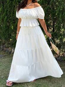 GalTyme Bộ đồ 2 mảnh dành cho nữ cỡ lớn, phong cách thường ngày mùa xuân/hè, màu trơn, kiểu áo peplum xếp bèo và chân váy xếp tầng. - trắng - Xem 4