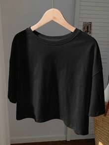 Comfortcana Solid Color Crew Neck Casual Short Sleeve T-Shirt, Summer - Black - View 2