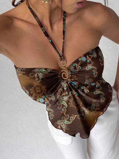 Aloruh Áo hai dây nữ kiểu dáng retro, màu nâu, họa tiết hoa, xếp ly, vạt bất đối xứng, cổ yếm, thích hợp cho kỳ nghỉ biển, trang phục mùa hè đi biển, lễ hội âm nhạc.