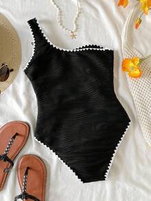 SHEIN Tween Girl One-Piece Swimsuit With Metal Decor, Suitable For Beach Vacation, Pool Party, Beach Party - Black and White - View 2