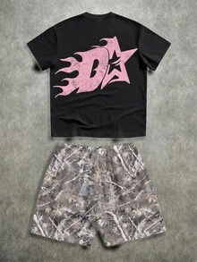 Manfinity ZONE917 Men's Minimalist Printed Round Neck Short Sleeve T-Shirt And Shorts Set - Multicolor - View 8