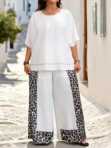 SHEIN Vacation Casual + French Chic Relaxed Leopard Print Patchwork Plus Size 2 Pieces Set - White - View 3