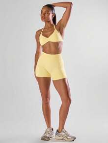 Musera Sport Solid Ruched Bust Open Back Halter Sports Bra, Active Comfy Workout Gym Running Run Club,Padel, Tennis, Pickleball Gym Fitness - Butter Yellow - View 5