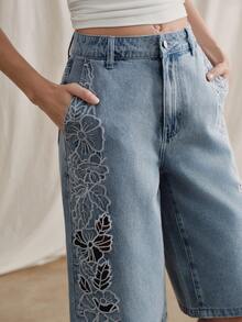 Anewsta 女士春夏时尚奢华性感镂空花卉刺绣浪漫派对度假蓝色休闲直筒牛仔裤 - 藍色 - 查看 2