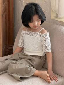Dazy Kids 年轻女孩夏季休闲度假风蕾丝拼接露肩白色T恤 - 白色 - 查看 4