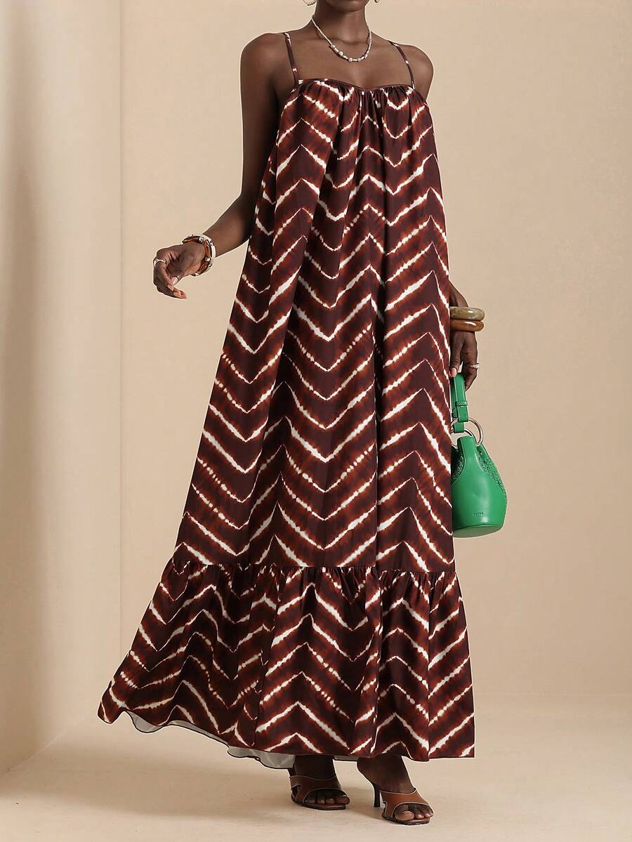 Vesra Women's Geometric Print Sleeveless Dress, Suitable For Summer Vacation - Rust Brown - View 1