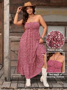 SHEIN LUNE Đầm maxi cúp ngực, thắt eo, màu đỏ rượu vang họa tiết hoa nhí dành cho nữ cỡ lớn, trang phục thường ngày đi biển mùa xuân/hè. - Đỏ - Xem 1