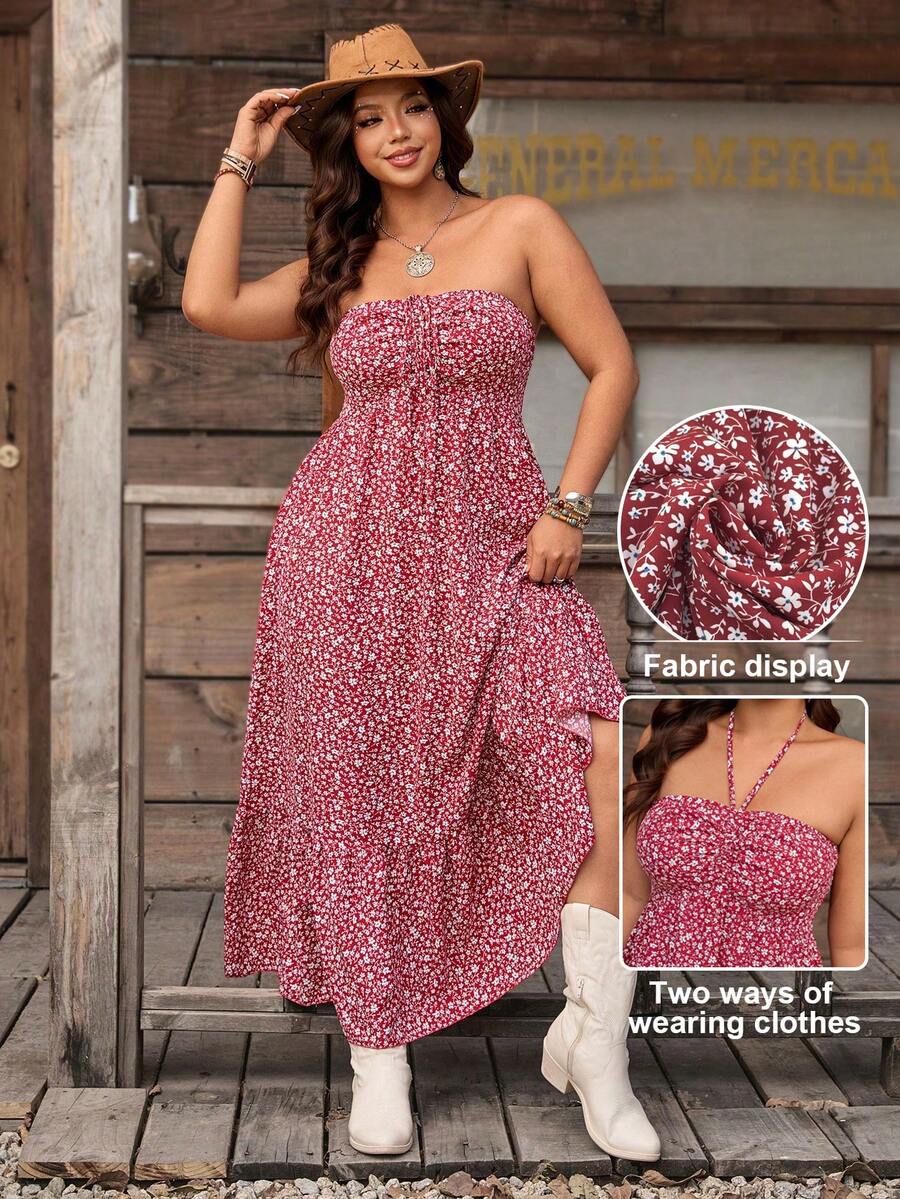 SHEIN LUNE Đầm maxi cúp ngực, thắt eo, màu đỏ rượu vang họa tiết hoa nhí dành cho nữ cỡ lớn, trang phục thường ngày đi biển mùa xuân/hè. - Đỏ - Xem 1