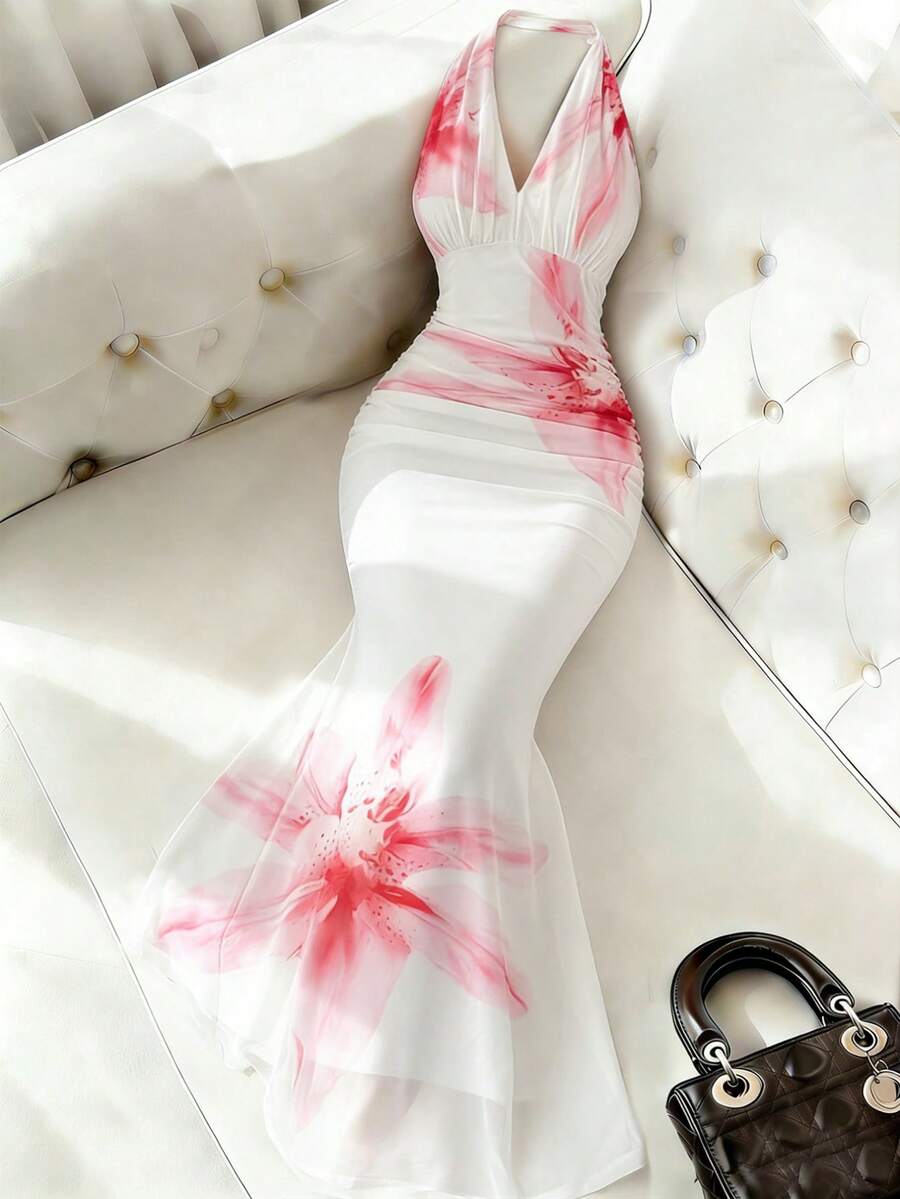 RiviMae 优雅修身鱼尾V领褶裥网纱印花连衣裙，春夏款 - 彩色 - 查看 1