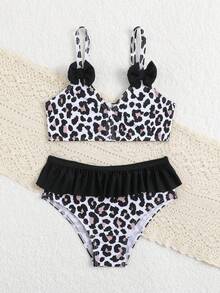 Young Girl Bow Decor Leopard Print Bikini Set, Girls 2 Pieces Ruffle Cheetah Bathing Suit For Summer, Beach, Family Vacation, Holiday, Tweens Swimwear - Multicolor - View 4