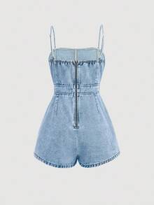 SHEIN Girlism 青少年女孩可調節肩帶修身牛仔連身褲，不對稱下擺，夏季穿搭，春季連身褲，聖帕特里克節穿搭，演唱會穿搭，電音派對穿搭，音樂節穿搭，優雅，伊比薩穿搭，返校秋季連身褲 - 淺色水洗藍 - 查看 2
