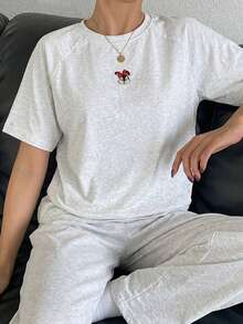 DAZY Cute Cartoon Print Loose Raglan Sleeve Pajamas Set, Casual Homewear - Light Grey - View 1