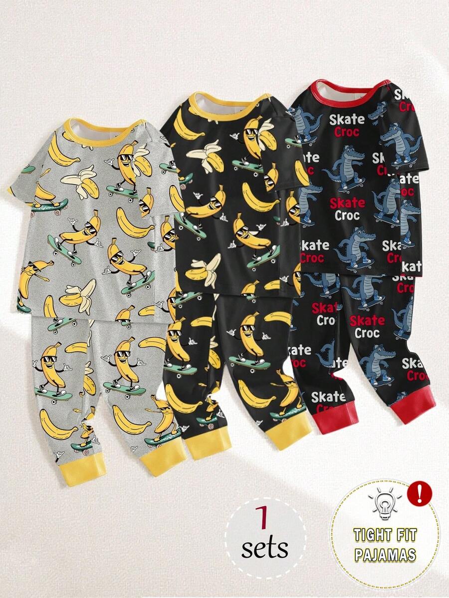 SHEIN Vintaside Kids 1件裝男孩時尚酷感香蕉滑板滿版印花短袖上衣與長褲修身睡衣套裝,高彈力柔軟居家運動休閒服 - 灰色 - 查看 1