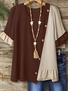 Linhara Plus Size Women's Minimalist Dual-Color Button Detail Ruffle Hem Blouse, Ladies' Summer Top - Brown - View 3