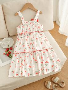 Đầm bé gái (cỡ nhỏ) in hình quả anh đào, thắt eo, xếp ly, điểm nhấn nơ đỏ, kiểu dáng thanh lịch, thoải mái cho kỳ nghỉ. - Nhiều màu - Xem 2